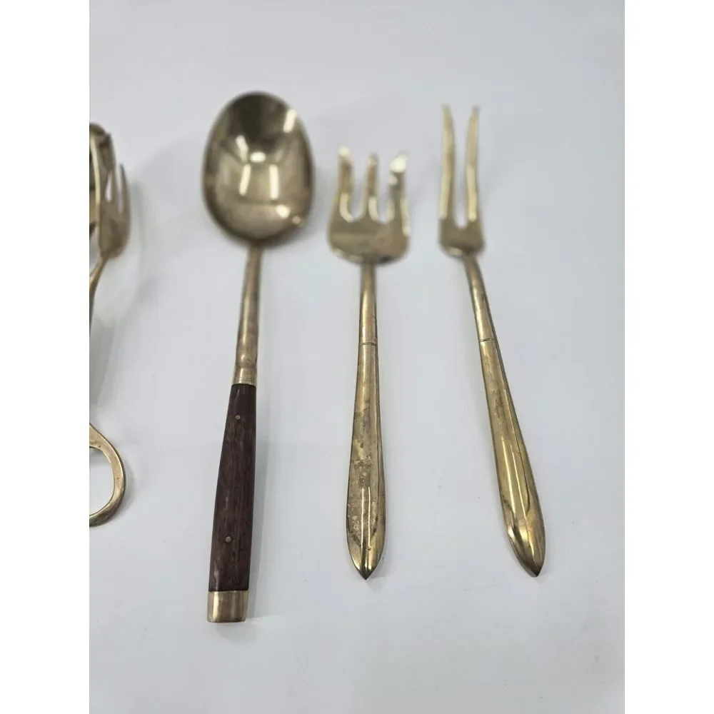 8 Pc Vintage  Piece Flatware Serving‎ Set THAILAND Bronze & Wood